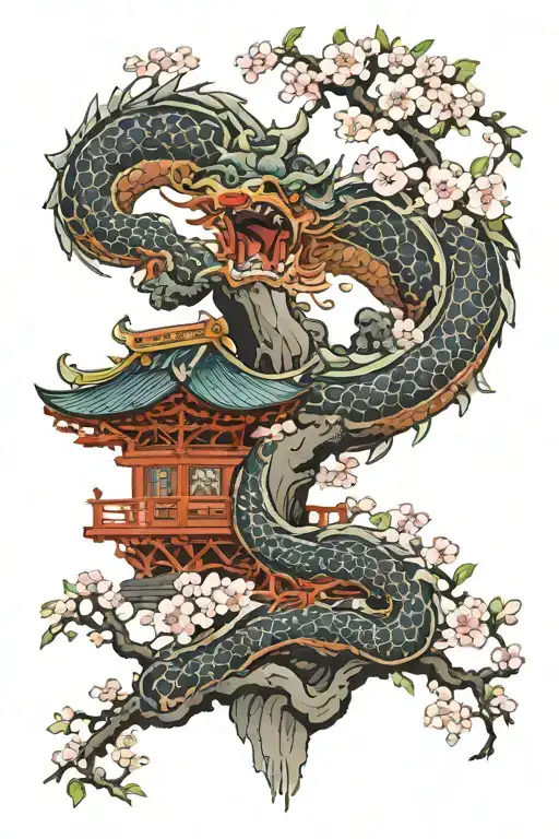 Japanese's temple, cherry blossom tree, dragon wrapped tattoo design idea