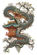 Japanese's temple, cherry blossom tree, dragon wrapped tattoo design idea
