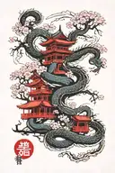Japanese's temple, cherry blossom tree, dragon wrapped tattoo design idea