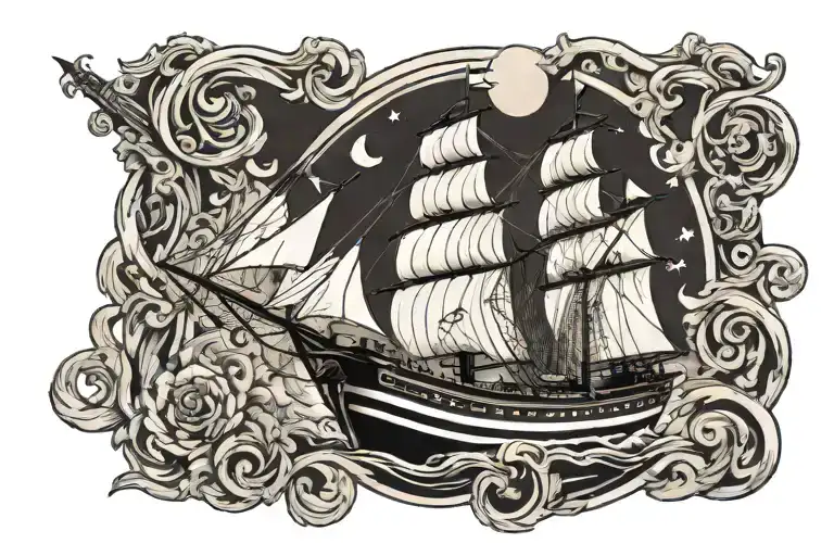 a black and white ship representing a paradox tattoo design idea