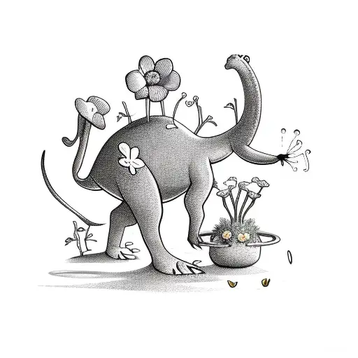 cartoon brontosaurus sitting down with a flower on top of its head tattoo design idea
