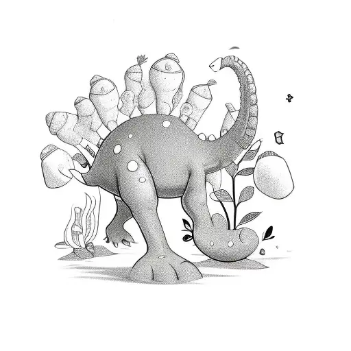 cartoon brontosaurus sitting down with a flower on top of its head tattoo design idea