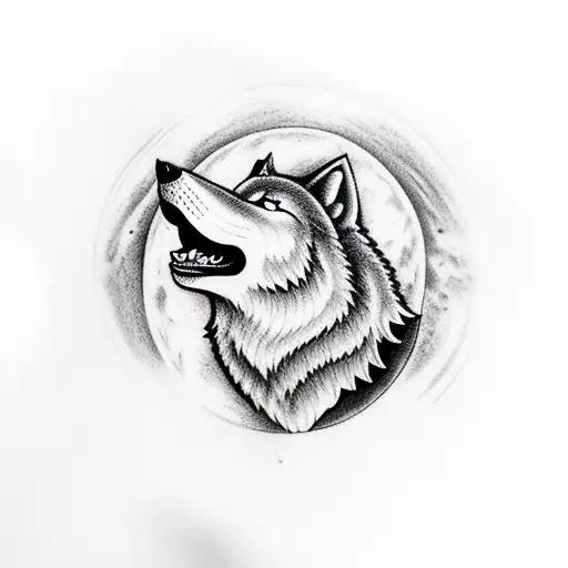 A wolf howling at the moon in the wilderness tattoo design idea
