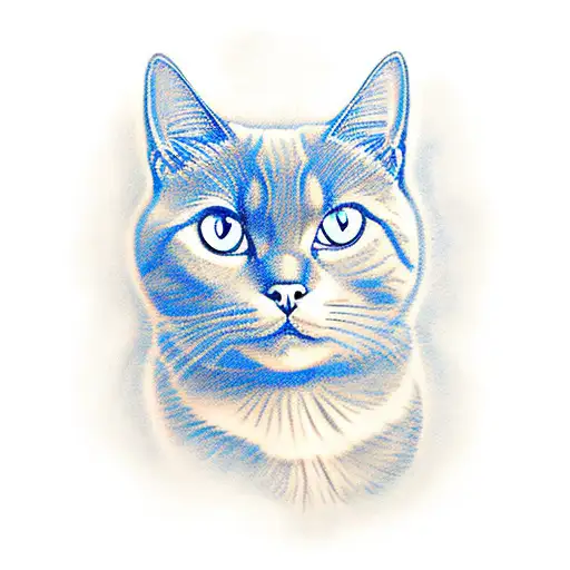 Create a tattoo design using the British Shorthair Blue Point cat breed and using blue eyes tattoo design idea