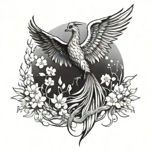 A phoenix rising from the ashes, surrounded by cherry blossom trees tattoo design idea