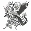 A phoenix rising from the ashes, surrounded by cherry blossom trees tattoo design idea