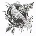 A phoenix rising from the ashes, surrounded by cherry blossom trees tattoo design idea