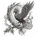 A phoenix rising from the ashes, surrounded by cherry blossom trees tattoo design idea
