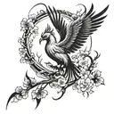 A phoenix rising from the ashes, surrounded by cherry blossom trees tattoo design idea