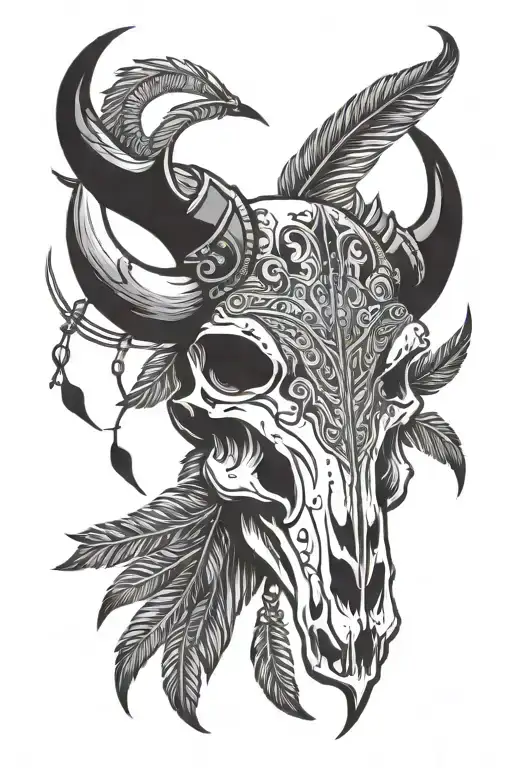 buffalo skull and feathers hanging tattoo design idea