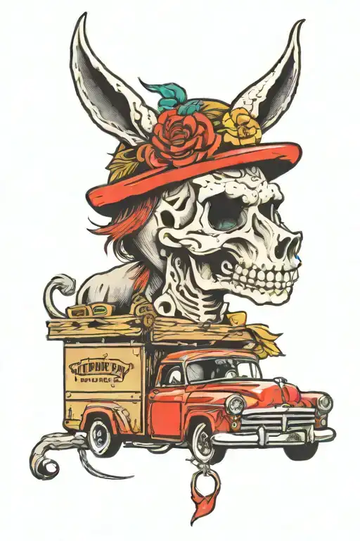 car, skull, box, donkey tattoo design idea
