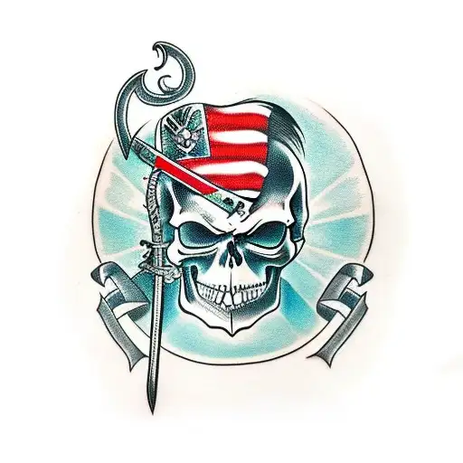 Smiling Skull with a sword through its eyes horizontally  tattoo design idea