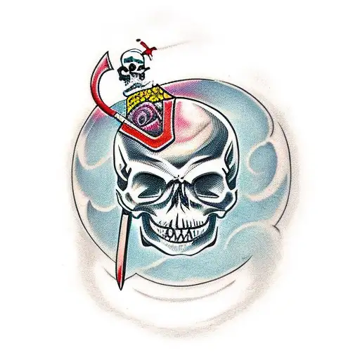 Smiling Skull with a sword through its eyes horizontally  tattoo design idea