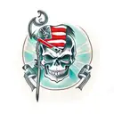 Smiling Skull with a sword through its eyes horizontally  tattoo design idea