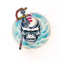 Smiling Skull with a sword through its eyes horizontally  tattoo design idea