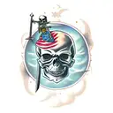 Smiling Skull with a sword through its eyes horizontally  tattoo design idea