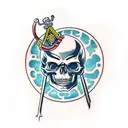 Smiling Skull with a sword through its eyes horizontally  tattoo design idea