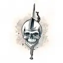 Smiling Skull with a sword through its eyes horizontally  tattoo design idea