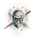 Smiling Skull with a sword through its eyes horizontally  tattoo design idea