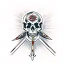 Smiling Skull with a sword through its eyes horizontally  tattoo design idea