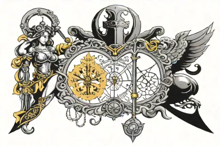 saggitarius bow and libra scales adorned in armor tattoo design idea