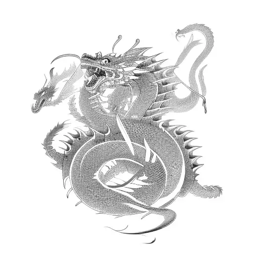 Ancient Korean warriors battling dragons tattoo design idea