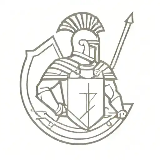 Tattoo in minimalist style.  It depicts a gladiator with a shield and helmet. The number on the shield is 47. The color of the tattoo is black. tattoo design idea