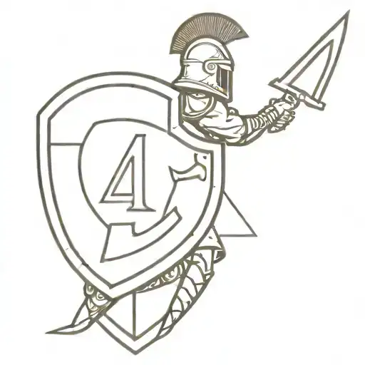in the style of minimalism. a gladiator is depicted. with a shield and spear. there is a square around it. the number 47 on the shield tattoo design idea