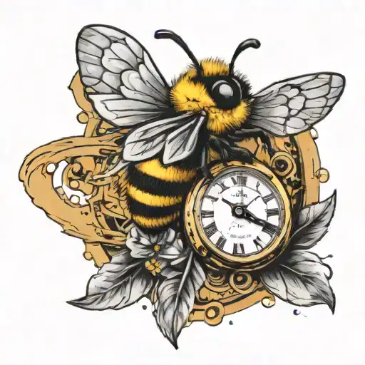 bumble bee sitting on a old broken time watch with four feathers hanging from it tattoo design idea