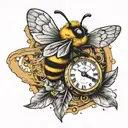 bumble bee sitting on a old broken time watch with four feathers hanging from it tattoo design idea