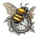 bumble bee sitting on a old broken time watch with four feathers hanging from it tattoo design idea