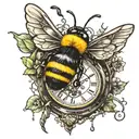 bumble bee sitting on a old broken time watch with four feathers hanging from it tattoo design idea