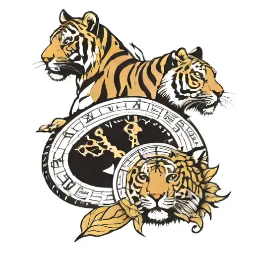 Roman numerals, star signs sag and capricorn, paris, new york, london, tiger  tattoo design idea