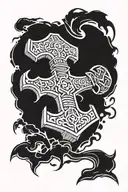 The split hammer of Thor Mjolnir with lightning bolts on a black background and a snake tattoo design idea