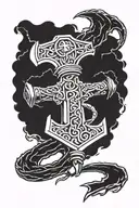 The split hammer of Thor Mjolnir with lightning bolts on a black background and a snake tattoo design idea