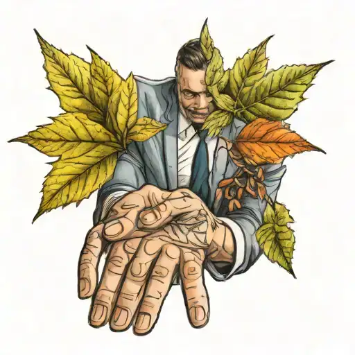 man in a suit but rowan leafs are growing from his hands  tattoo design idea
