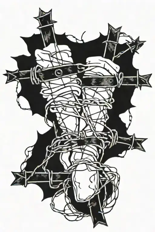 cross and barb wire around legs tattoo design idea