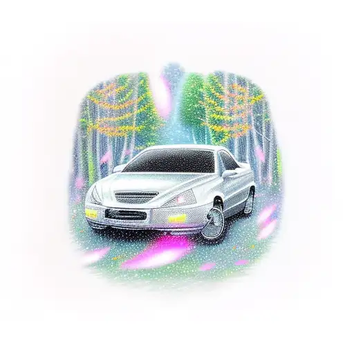 black car driving down a mystical forest path surrounded by glowing fireflies tattoo design idea