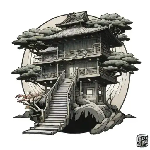 Japanese stairs and sun rays that fits in a round space  tattoo design idea