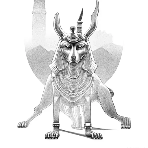 A black-grey tattoo of the Egyptian god Anubis standing guard at the entrance of the afterlife tattoo design idea