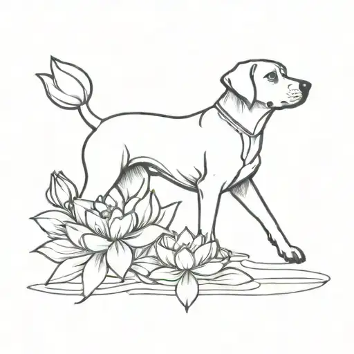 a black lab in the sunrise surrounded by lotus flowers tattoo design idea