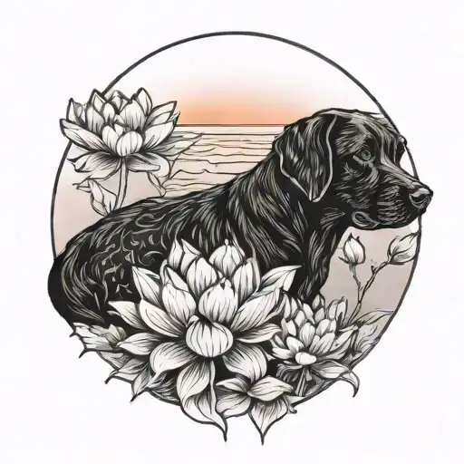 a black lab in the sunrise surrounded by lotus flowers tattoo design idea