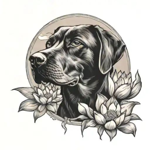 black lab in the sunrise surrounded by lotus flowers tattoo design idea