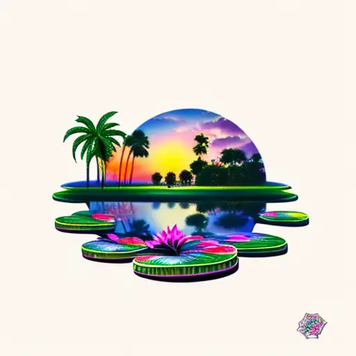 sunset flamingo, lily pads and palm tree tattoo design idea