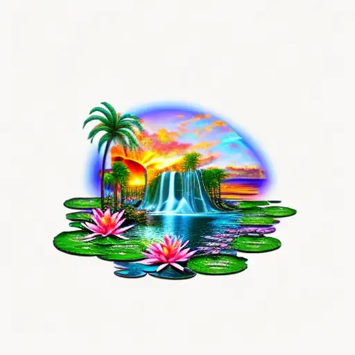 sunset with a waterfall, flamingo, lily pads and palm tree tattoo design idea