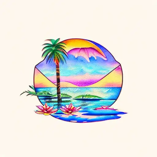 watercolor sunset, flamingo, lily pads and palm tree tattoo design idea