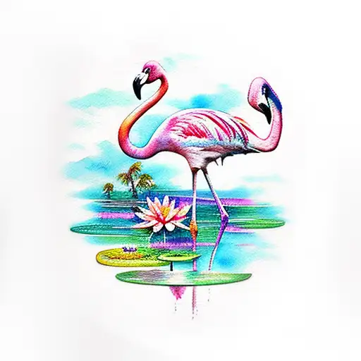 watercolor sunset, flamingo, lily pads and palm tree tattoo design idea