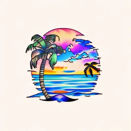 watercolor sunset, flamingo, lily pads and palm tree tattoo design idea