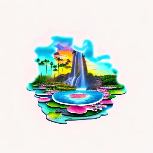 sunset with a waterfall, flamingo, lily pads and palm tree tattoo design idea