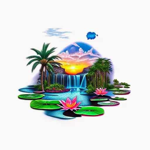 sunset with a waterfall, flamingo, lily pads and palm tree tattoo design idea